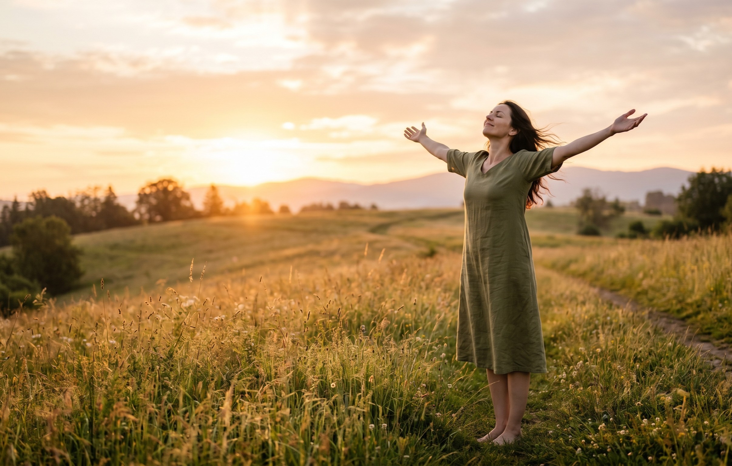 Versículo sobre descanso em Deus — Mulher de braços abertos ao pôr do sol representando paz e descanso em Jesus — Mateus 11:28-30