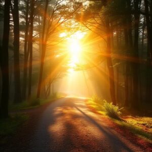 Caminho iluminado pela luz divina em floresta