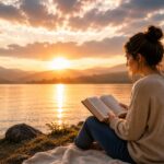 mulher lendo bíblia ao pôr do sol beira do lago – paz de Deus vence ansiedade