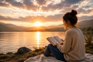 mulher lendo bíblia ao pôr do sol beira do lago – paz de Deus vence ansiedade